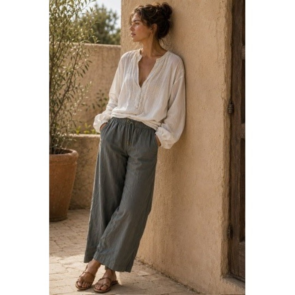 Zara Womens XS Gray Linen Blend Wide Leg Elastic Waist Drawstring Pants Pockets